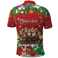 Red festive polo shirt with holiday characters and customizable 'Your text' on back