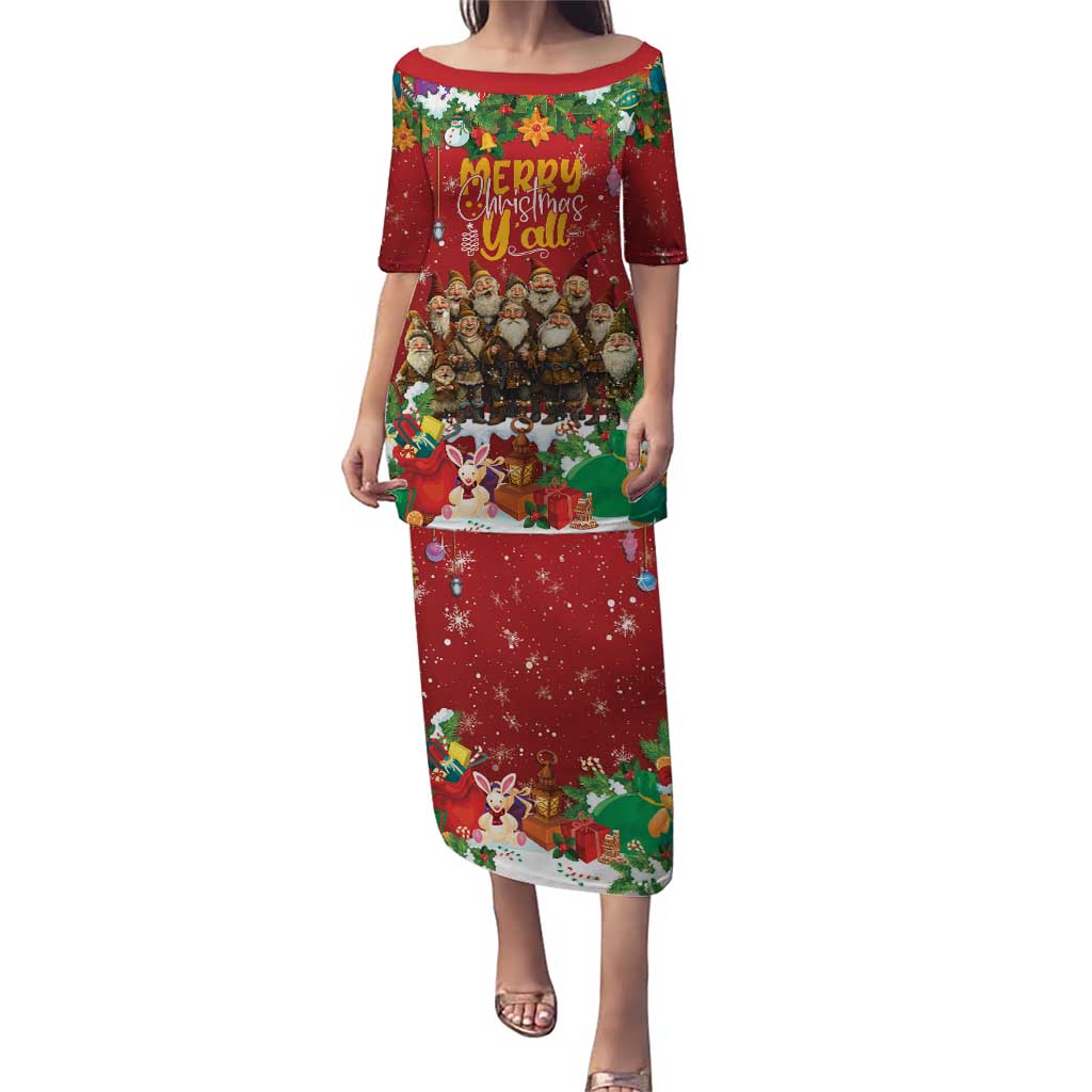 Red long dress with holiday characters graphic, short sleeves, crew neckline