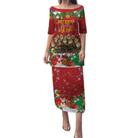 Red long dress with holiday characters graphic, short sleeves, crew neckline