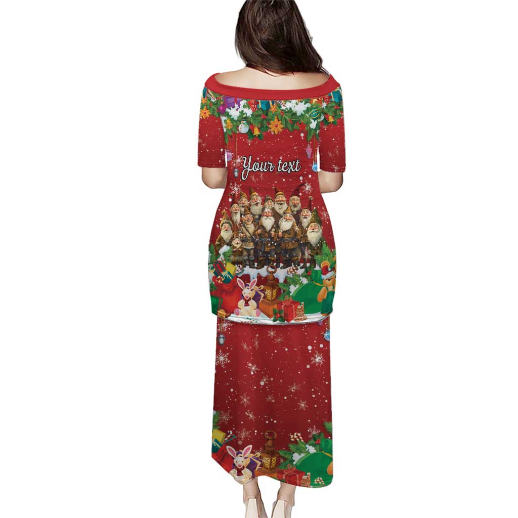 Red long dress with personalized holiday graphic panel, short sleeves, crew neckline