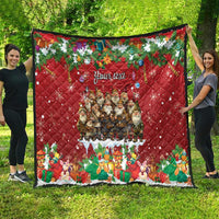 Red personalized quilt with "Your text", Yule characters, and holiday decorations.