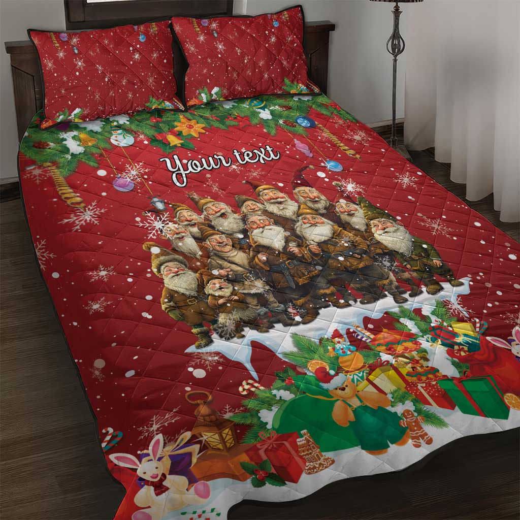 Red personalized quilt bed set with printed festive characters and holiday snowflake pattern