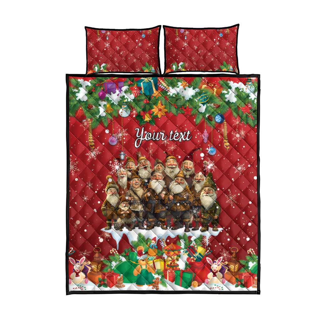 Red quilt bed set with two pillows; Christmas scene and “Your text” on the quilt