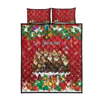 Red quilt bed set with two pillows; Christmas scene and “Your text” on the quilt