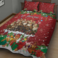 Red quilt bed set with large character collage and “Your text” across the quilt