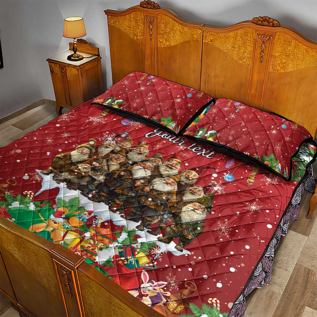 Red quilt bed set with black trim and “Your text” over a winter character print
