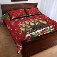 Red quilt bed set with festive character group, snowflakes, and “Your text” on quilt