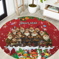 Personalized red round holiday carpet with Yule lads, festive border, and 'Your text'