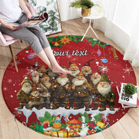 Personalized red round holiday carpet featuring Yule lads and 'Your text' across the center