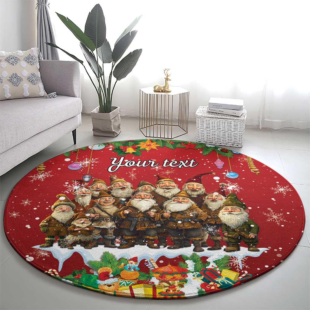 Red round holiday carpet with a line of Yule lads, snowflake accents, and 'Your text'