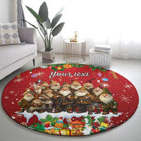 Red round holiday carpet with a line of Yule lads, snowflake accents, and 'Your text'