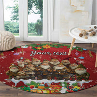 Red personalized round holiday carpet with Yule lads, wreath-and-snow motif, and 'Your text'
