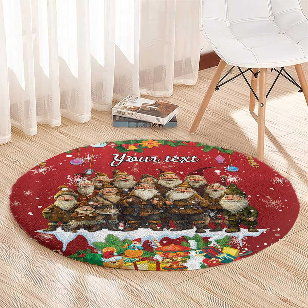 Personalized red round holiday carpet with Yule lads, colorful gift-and-snow border, and 'Your text'