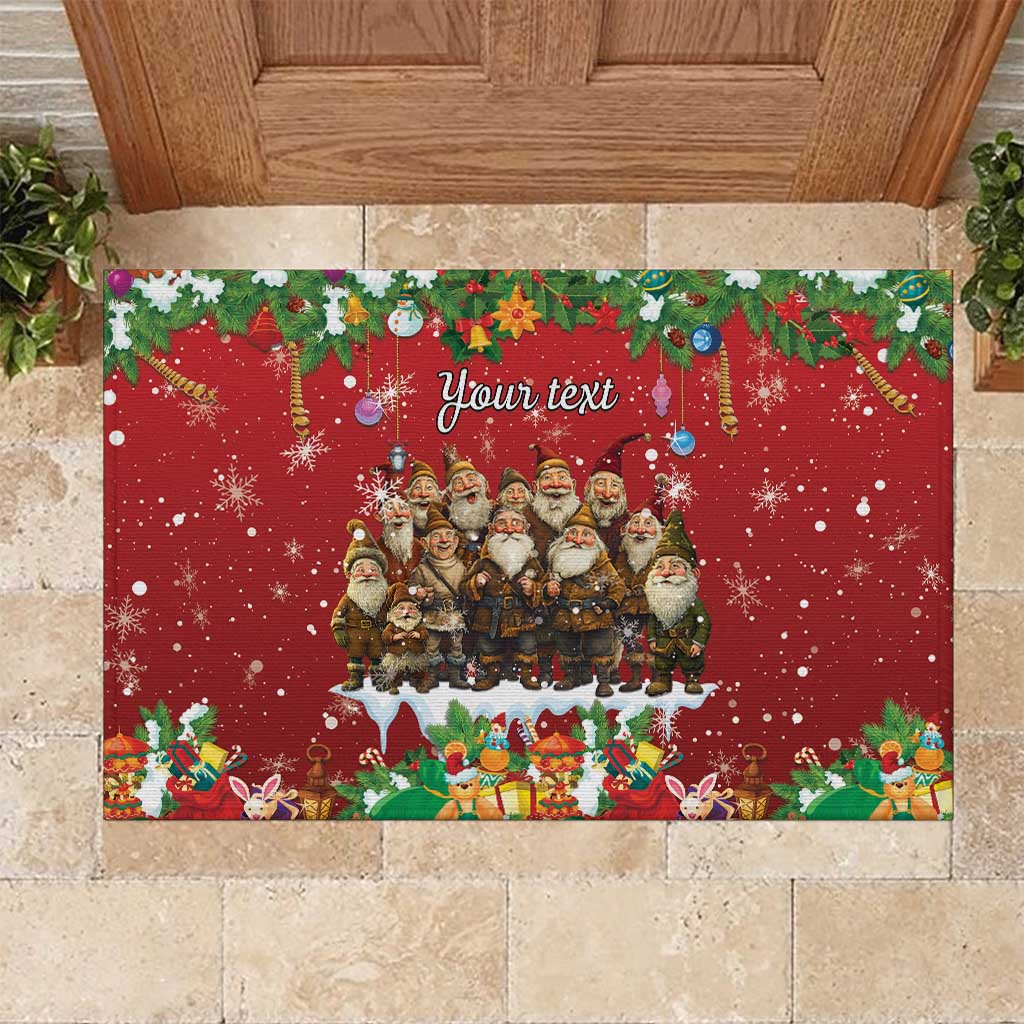 Red rubber doormat with gnome group, holly border, 'Your text' in center