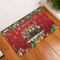 Red rubber doormat with gnome group, snowflakes, and 'Your text' lettering