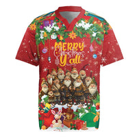 Red Christmas rugby jersey with buttoned collar and colorful festive character graphic