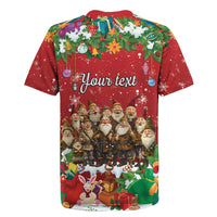 Red Christmas rugby jersey back view with 'Your text' and festive character scene