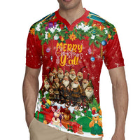 Red Christmas rugby jersey worn by model, button collar, 'Merry Christmas' front graphic