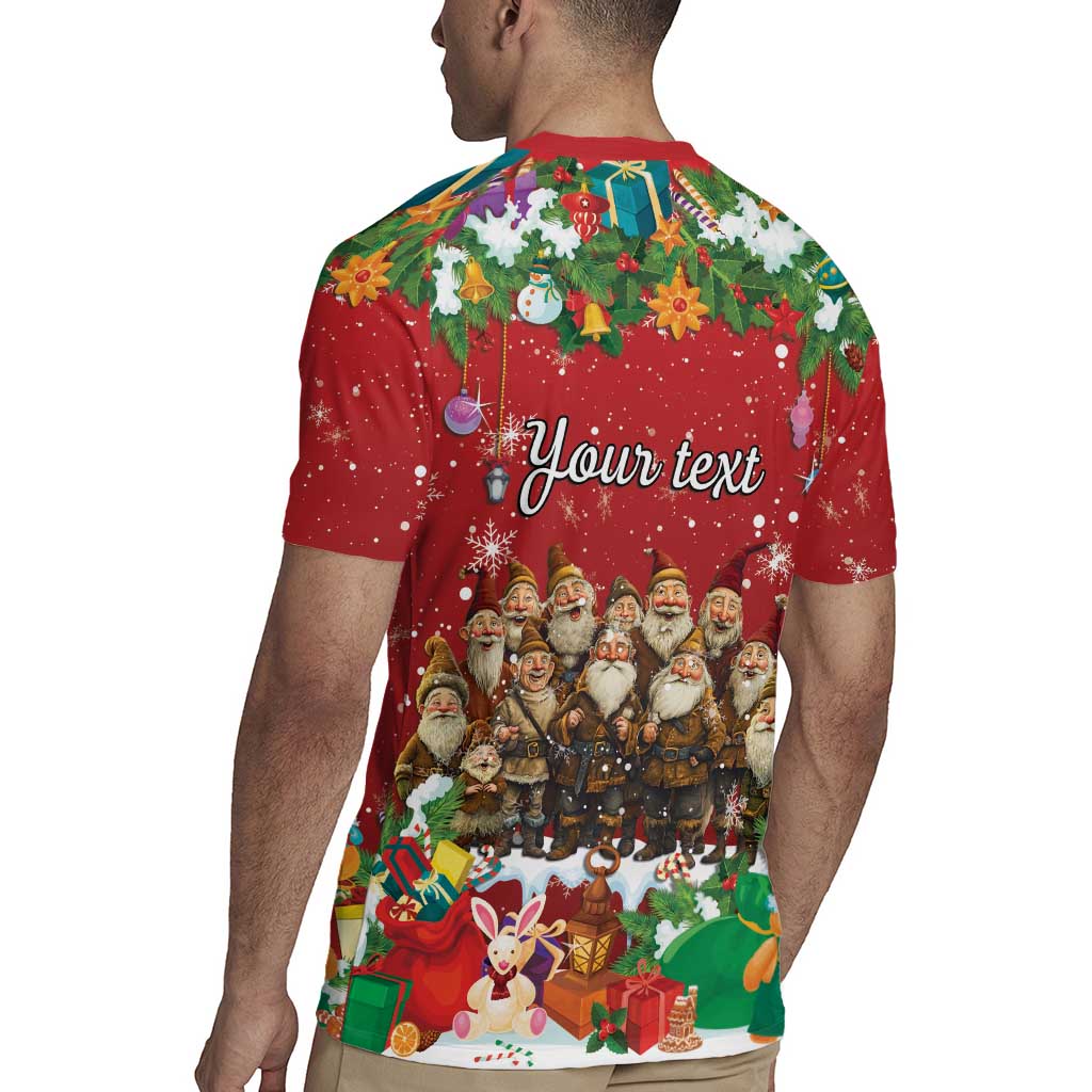 Red Christmas rugby jersey back view with 'Your text' and yule lads character print
