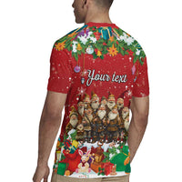 Red Christmas rugby jersey back view with 'Your text' and yule lads character print