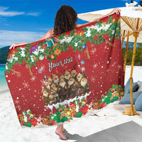 Red holiday printed personalized sarong with festive characters and green border