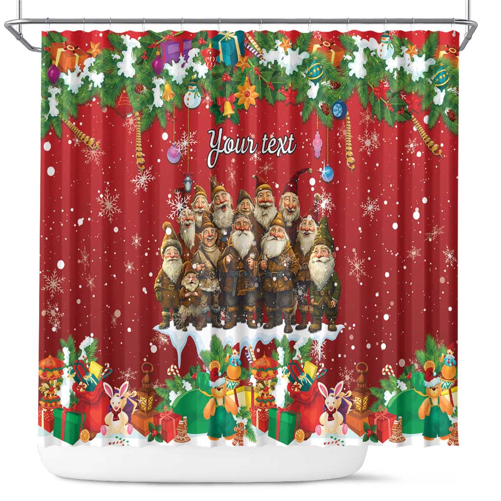 Red Christmas shower curtain with Yule lads, ornaments, and 'Your text' center panel