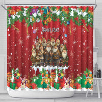 Red Christmas shower curtain with Yule lads group and 'Your text' header, full width