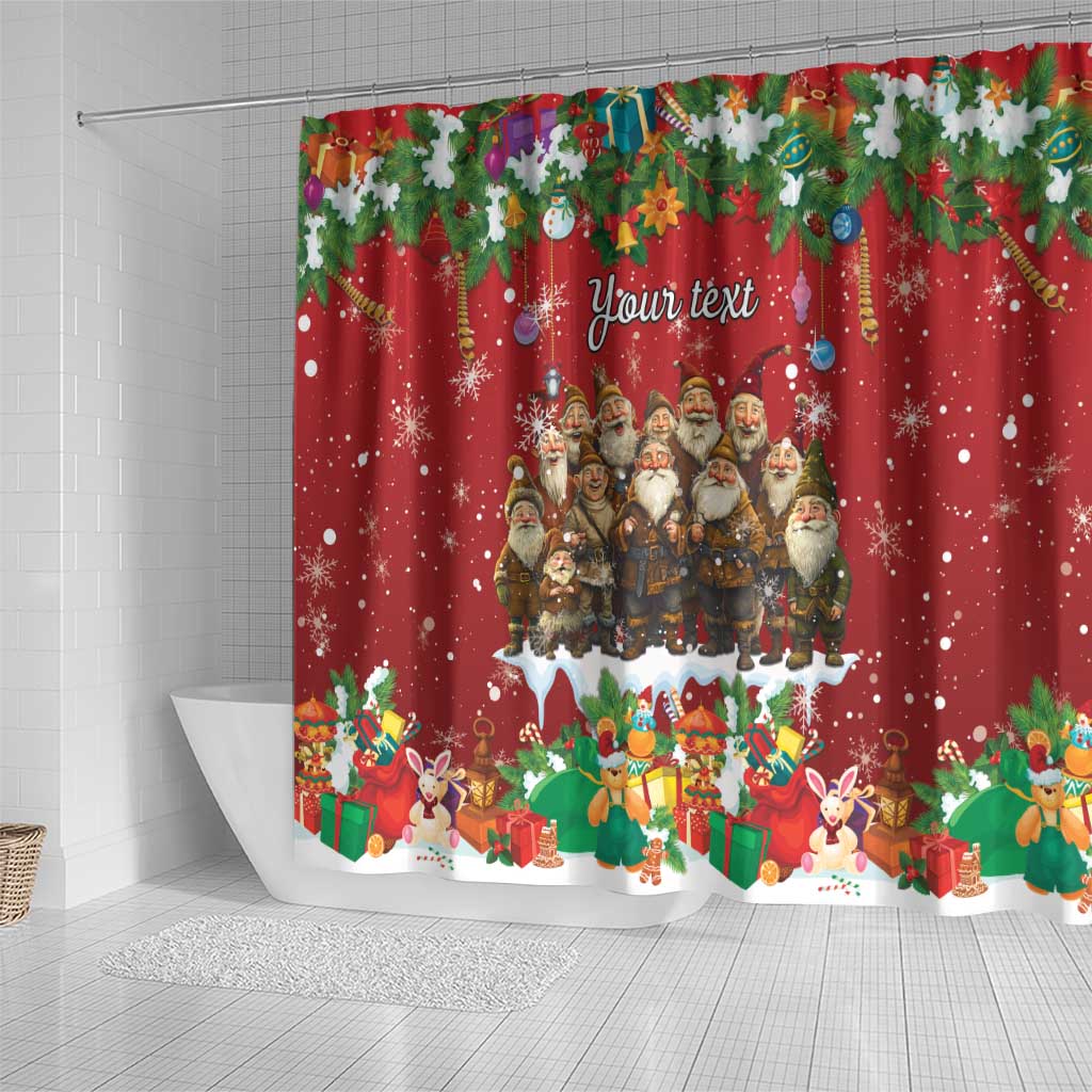 Red Christmas shower curtain showing Yule lads and gift characters at bottom border