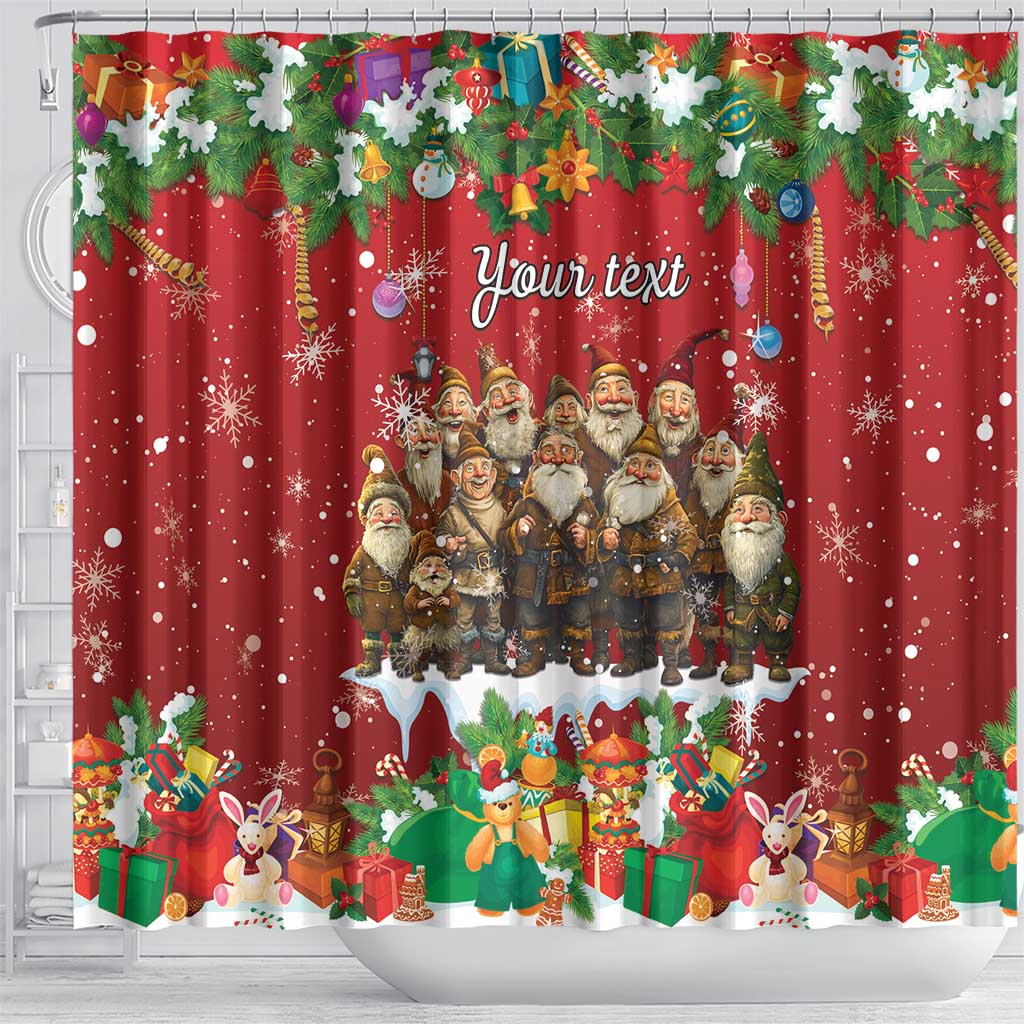 Red Christmas shower curtain with Yule lads group, ornaments, and 'Your text'—front view