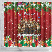 Red Christmas shower curtain with Yule lads group, ornaments, and 'Your text'—front view