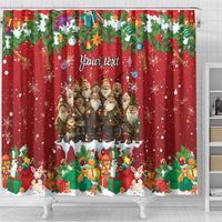 Red Christmas shower curtain with Yule lads and bunnies holding gifts, 'Your text' center