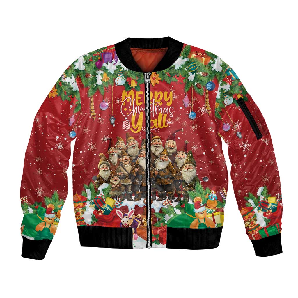 Red zip bomber jacket with ribbed cuffs and colorful holiday character front print