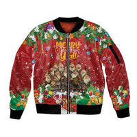 Red zip bomber jacket with ribbed cuffs and colorful holiday character front print