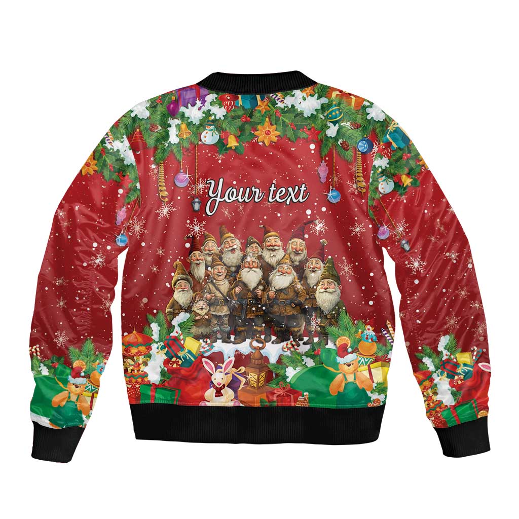 Red zip bomber jacket with ribbed cuffs, 'Your text' back graphic and holiday characters