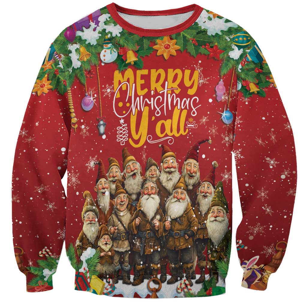 Unisex red Christmas sweatshirt with Yule lads graphic, greenery and lights, crew neck
