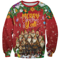 Unisex red Christmas sweatshirt with Yule lads graphic, greenery and lights, crew neck