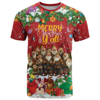 Red Christmas graphic T-shirt with Merry Christmas Y'all text and gnomes illustration