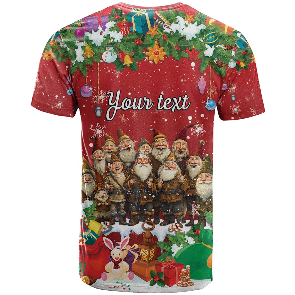 Red Christmas graphic T-shirt back with 'Your text' and gnome characters beneath