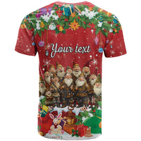 Red Christmas graphic T-shirt back with 'Your text' and gnome characters beneath