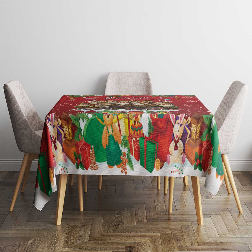 Red holiday tablecloth with rabbit and gift motifs, covers square dining table
