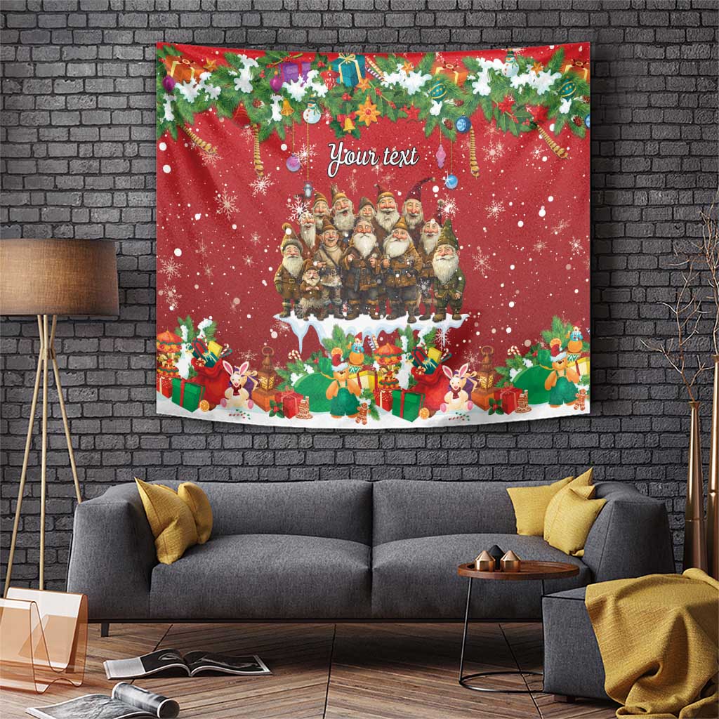 Personalized red Christmas tapestry with gnome group, holiday garlands, and “Your text”