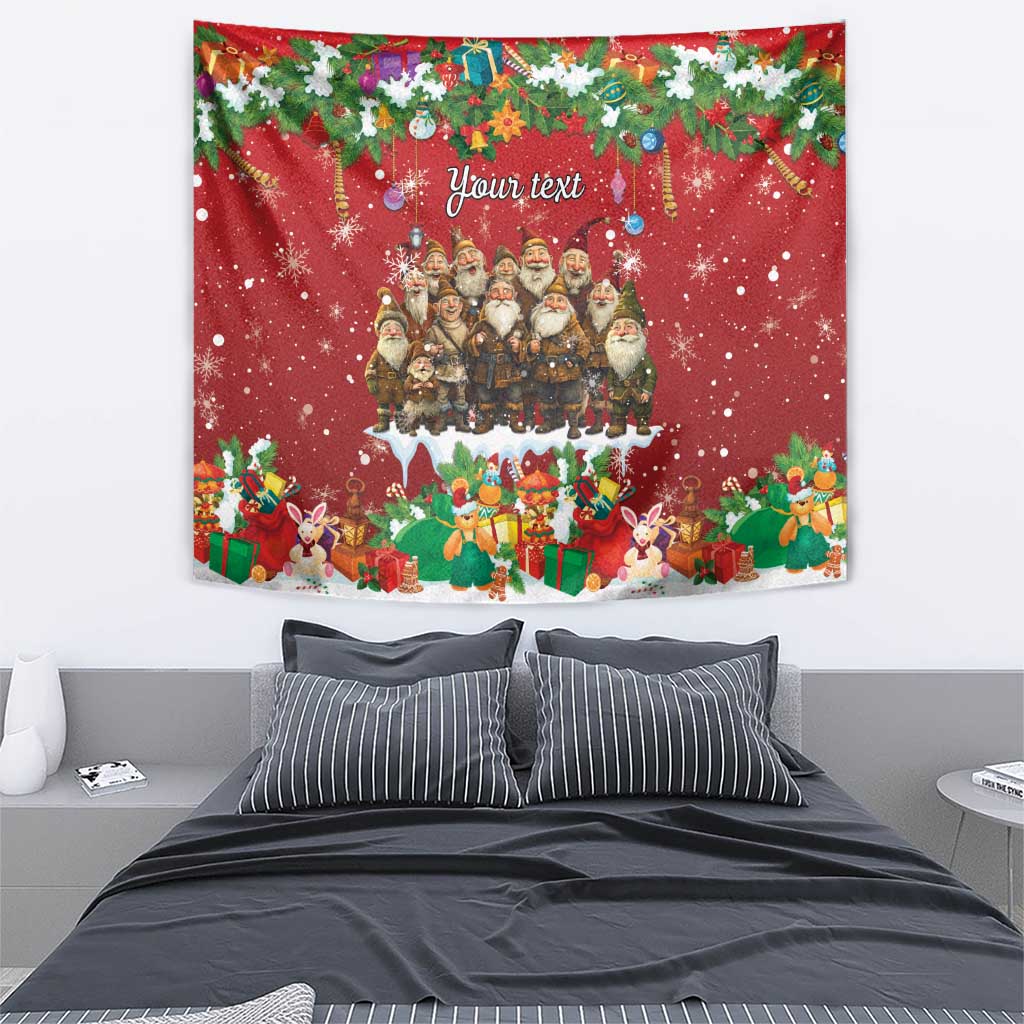 Personalized red holiday tapestry with gnomes, presents, snowflakes, and “Your text”