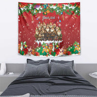 Personalized red holiday tapestry with gnomes, presents, snowflakes, and “Your text”