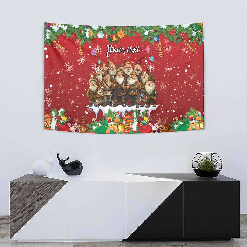 Personalized red tapestry featuring gnome characters, garlands, and “Your text”