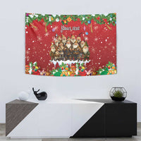 Personalized red tapestry featuring gnome characters, garlands, and “Your text”