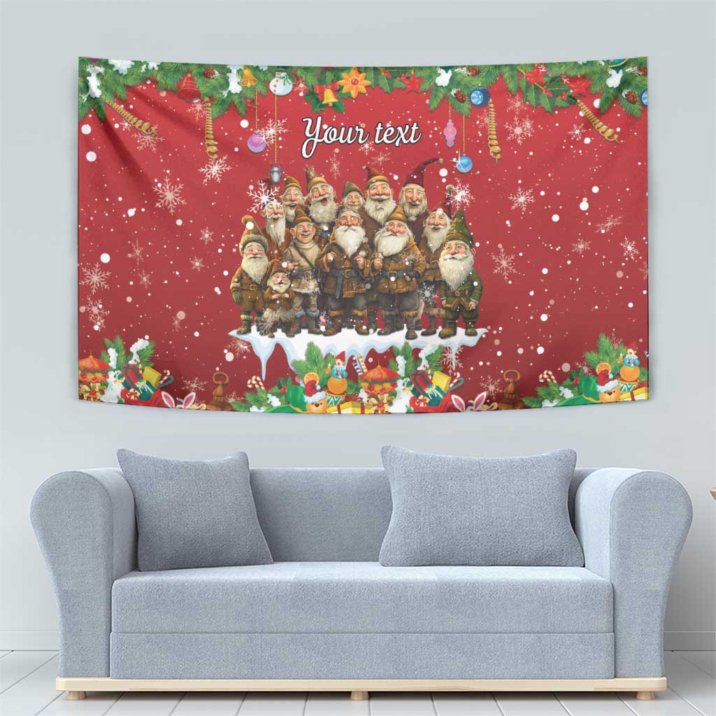 Personalized red Christmas tapestry with gnomes, festive gifts, and “Your text”