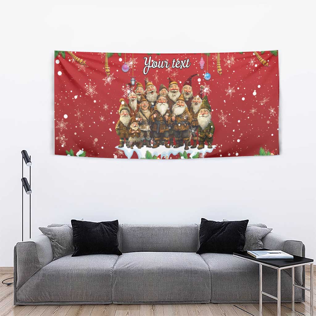 Personalized red tapestry with a gnome group and “Your text” for custom personalization