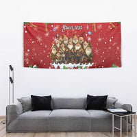 Personalized red tapestry with a gnome group and “Your text” for custom personalization