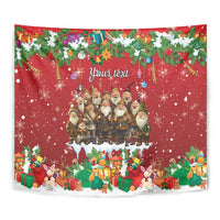 Personalized red tapestry close-up with gnomes, presents, garlands, and “Your text”