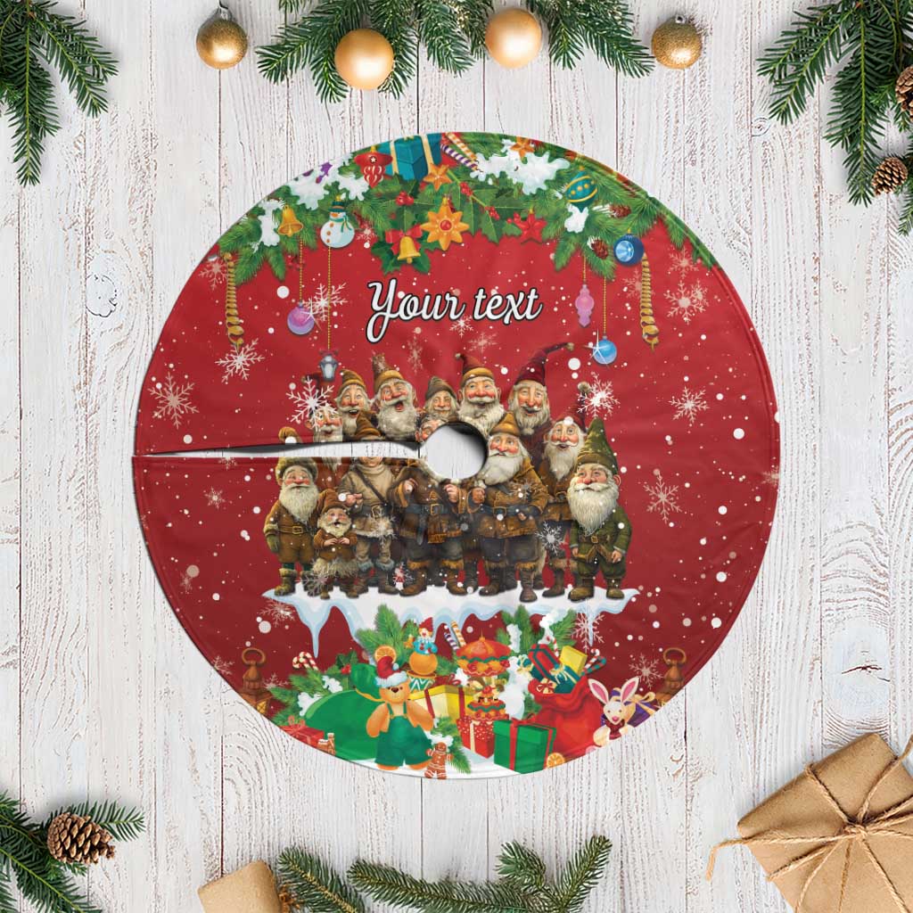 Red personalized Christmas tree skirt with white fringe edge and elf group round design